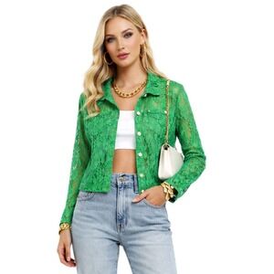 Helium London Green Lace Jacket Cropped Button Front Sheer Floral Size M